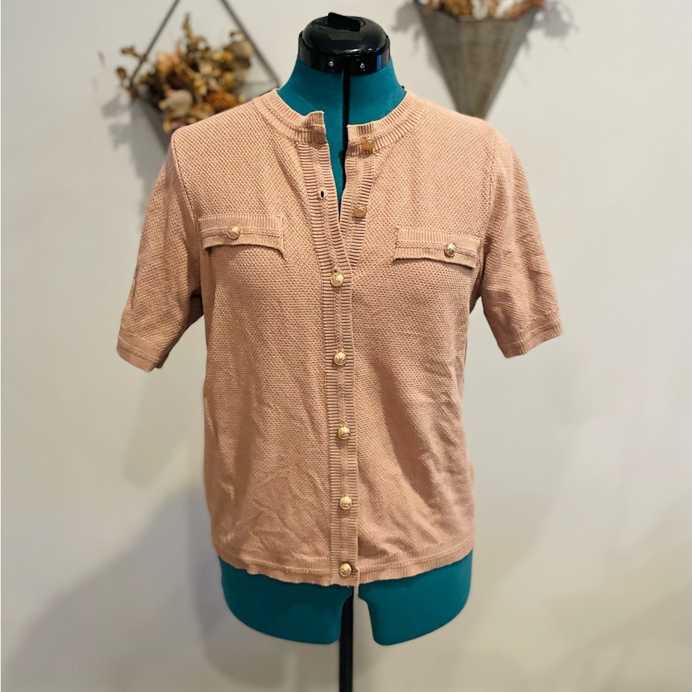 Women's Button Down Shirt in Tan with Embossed Gold Buttons